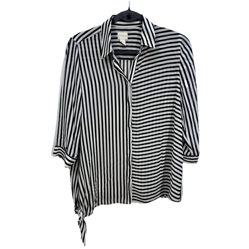 Chicos Semi Sheer Button Top Womens 0/Small Black White Stripe Side Tie 3/4 Slv